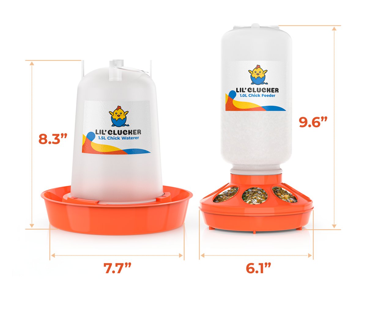 Measured drawings of the waterer at 8.3 inches tall and 7.7 across, and the feeder at 9.6 by 6.1 inches
