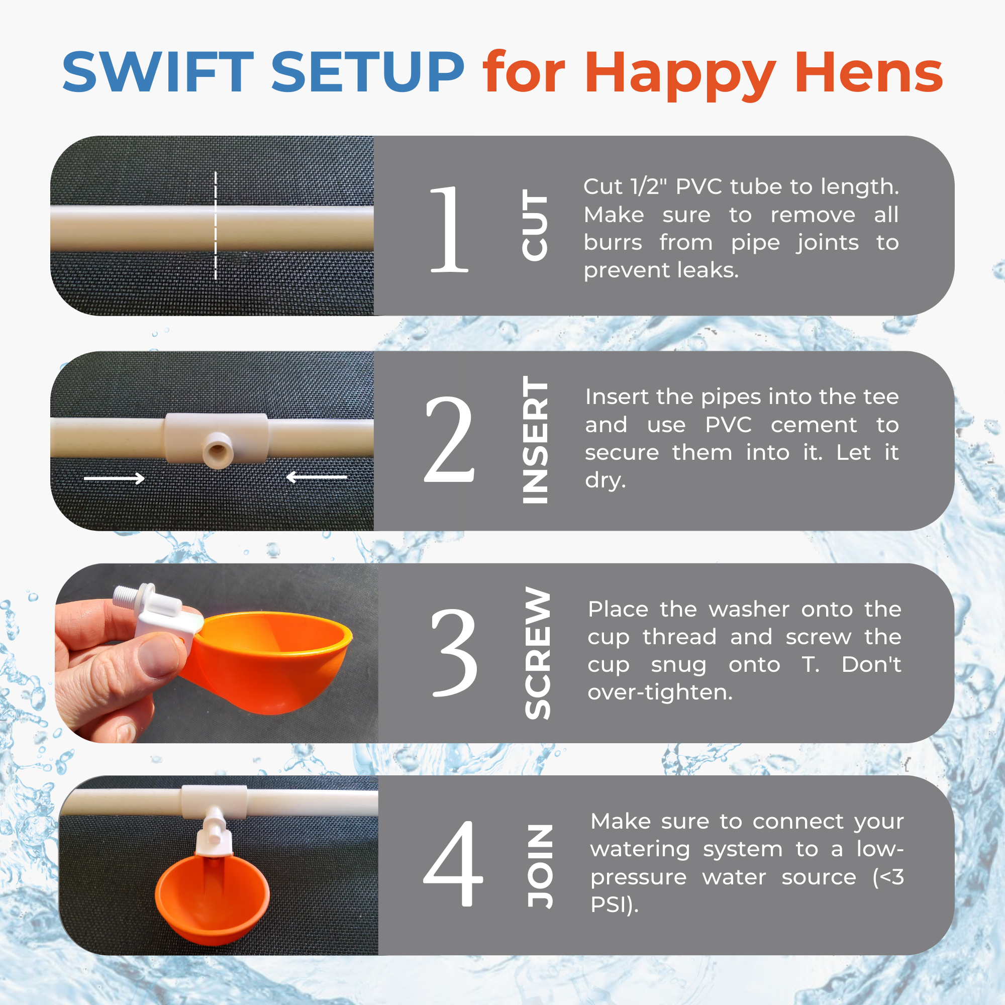 Large Automatic Chicken Waterer Cups & Tees (Orange) - Lil'Clucker