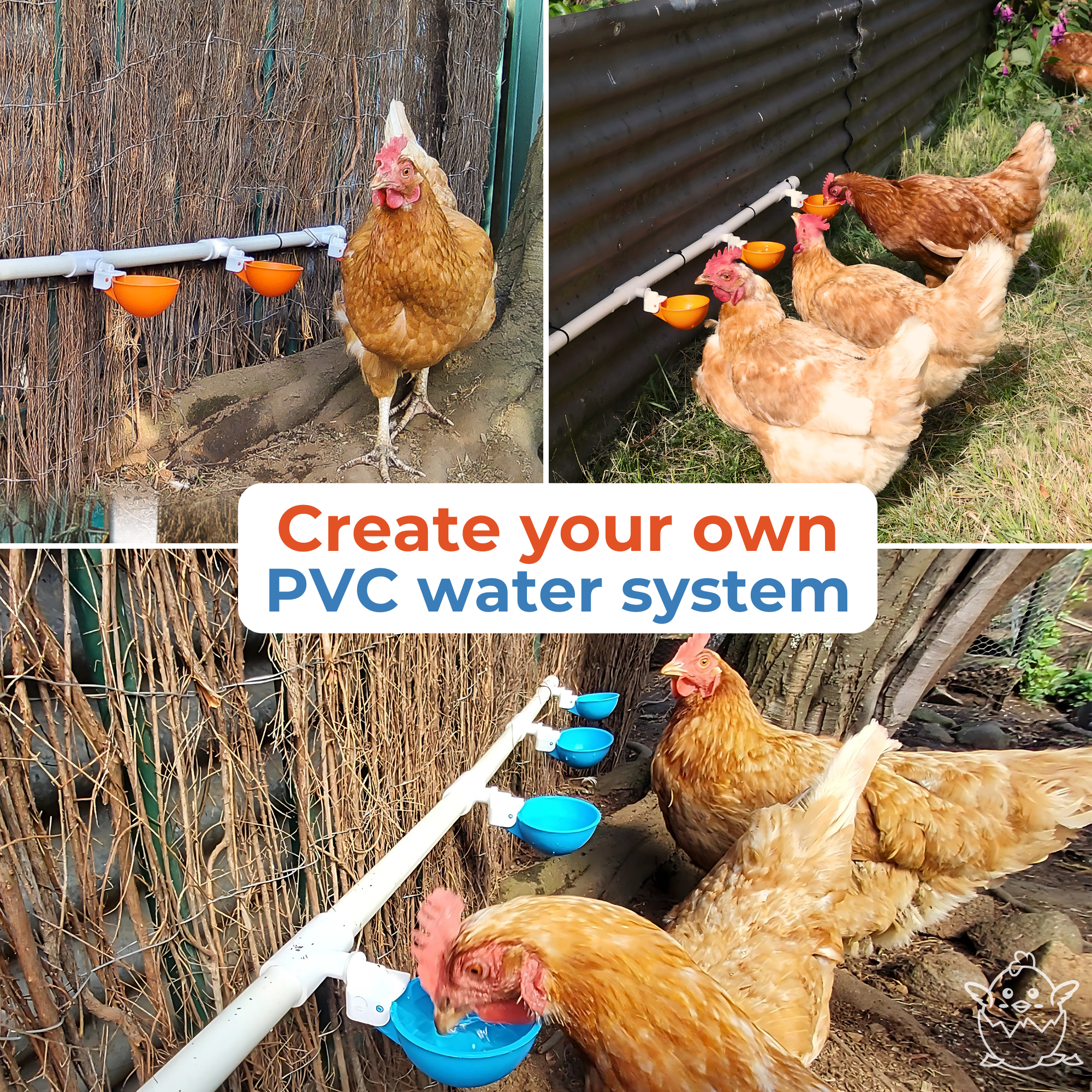 Large Automatic Chicken Waterer Cups & Tees (Orange) - Lil'Clucker