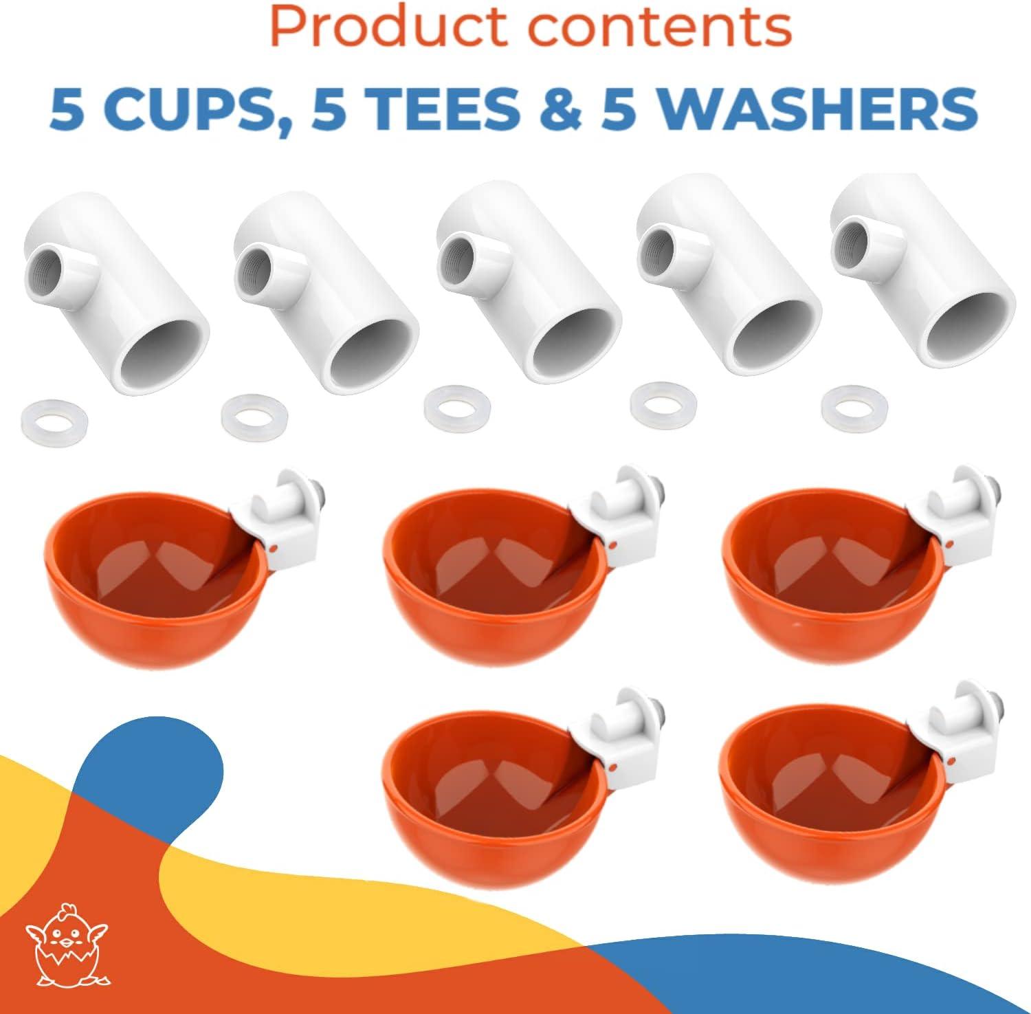 Large Automatic Chicken Waterer Cups and Tees - Pack of 5 (Orange) - Lil'Clucker