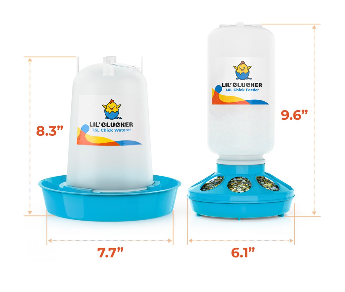 Measured drawings of the waterer at 8.3 inches tall and 7.7 across, and the feeder at 9.6 by 6.1 inches