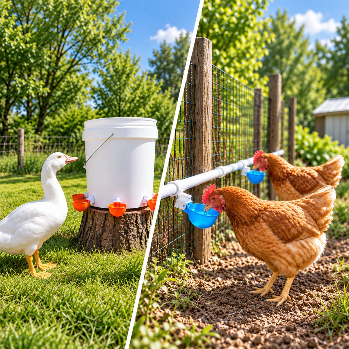 A goose at a bucket fitted with orange waterer cups, and hens drinking from blue cups on a 1/2" PVC line