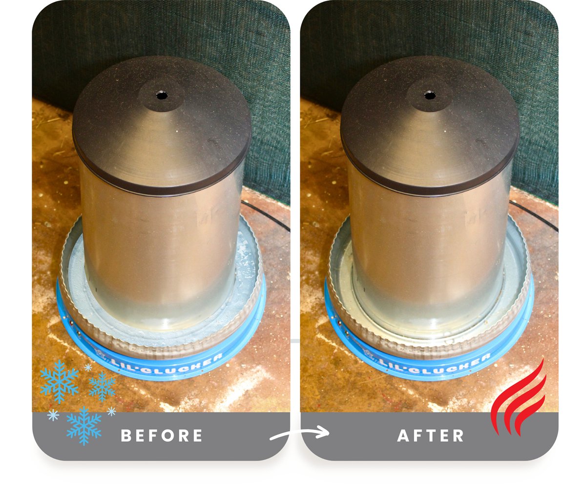 The same metal fount: frozen solid before, clear water after, on the heated base