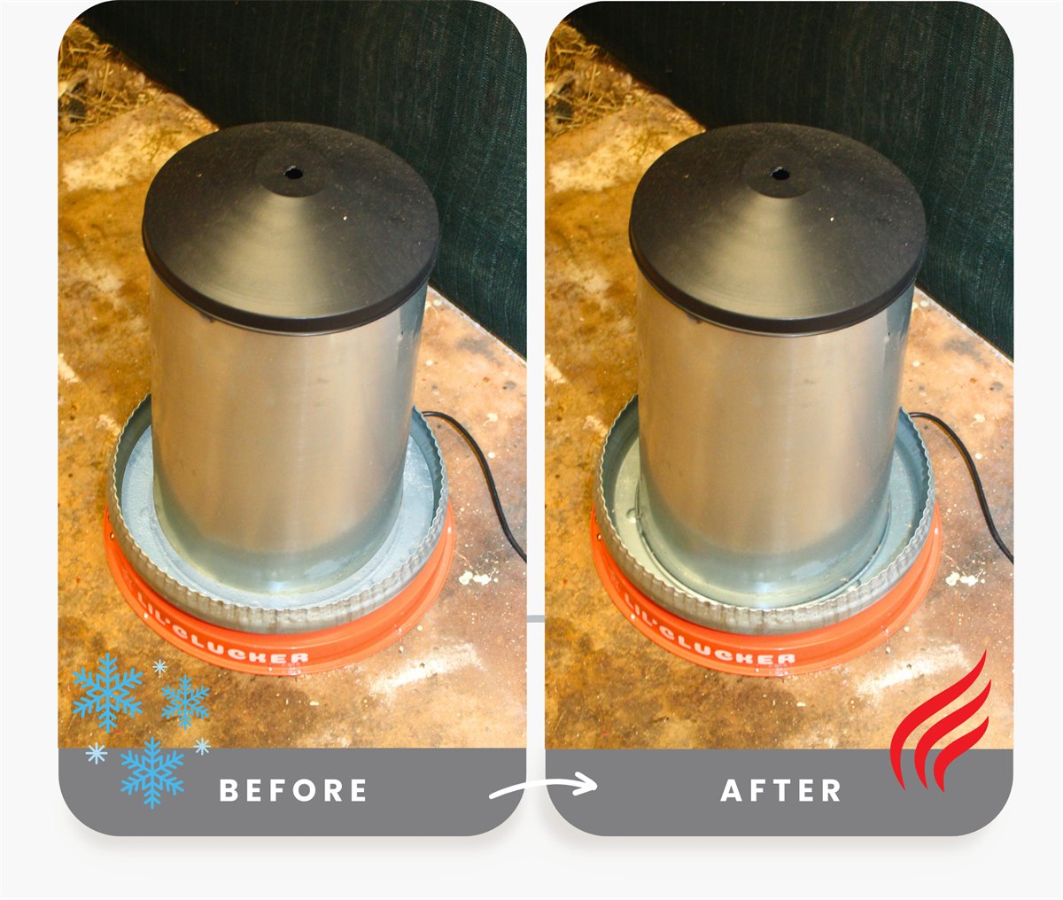 The same metal fount: frozen solid before, clear water after, on the heated base
