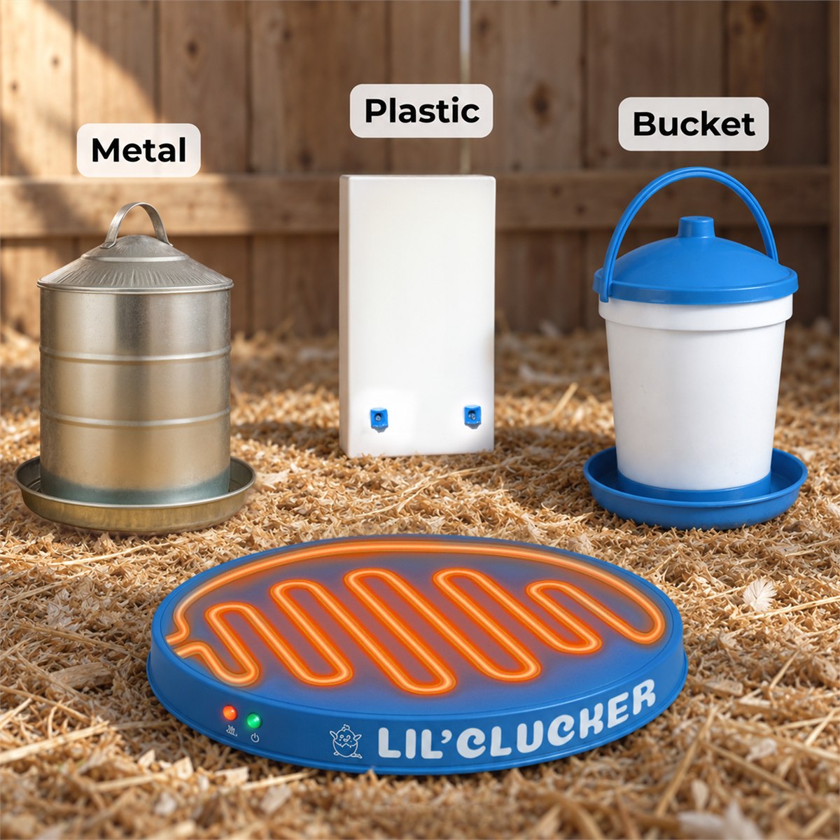 A metal fount, a plastic waterer and a bucket beside the heated base
