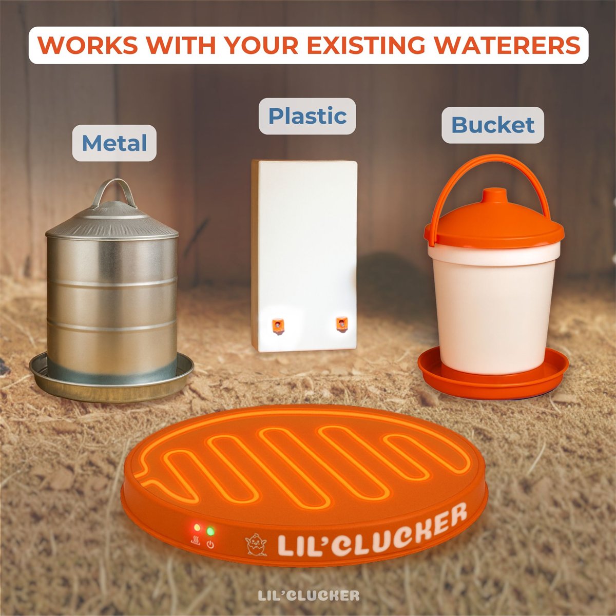 A metal fount, a plastic waterer and a bucket beside the heated base