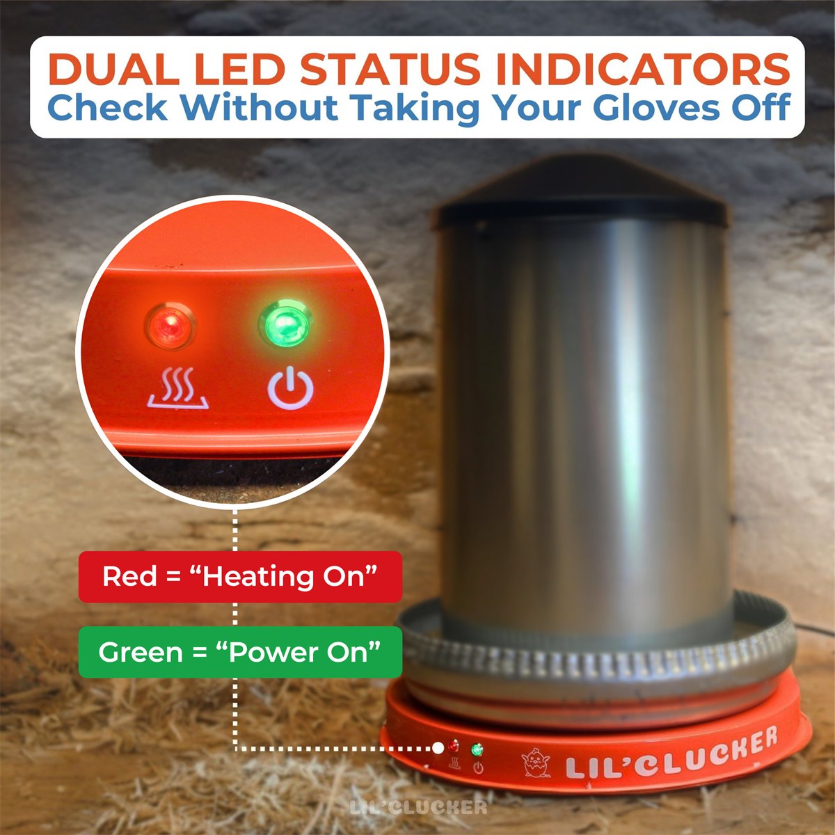 Close-up of the power and heating LED indicators on the rim