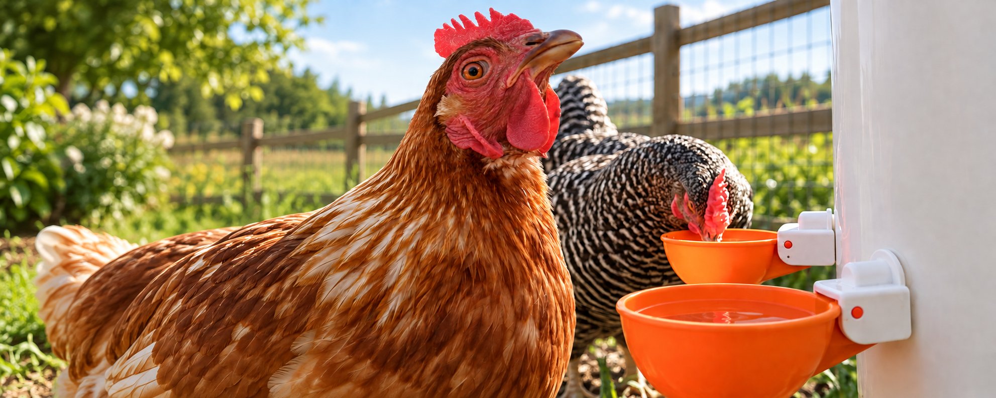 Two hens drinking from orange Lil'Clucker waterer cups mounted on a coop waterer