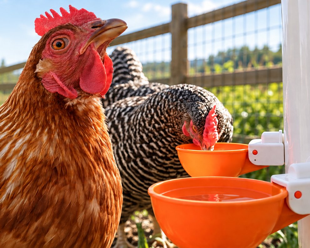 Two hens drinking from orange Lil'Clucker waterer cups mounted on a coop waterer