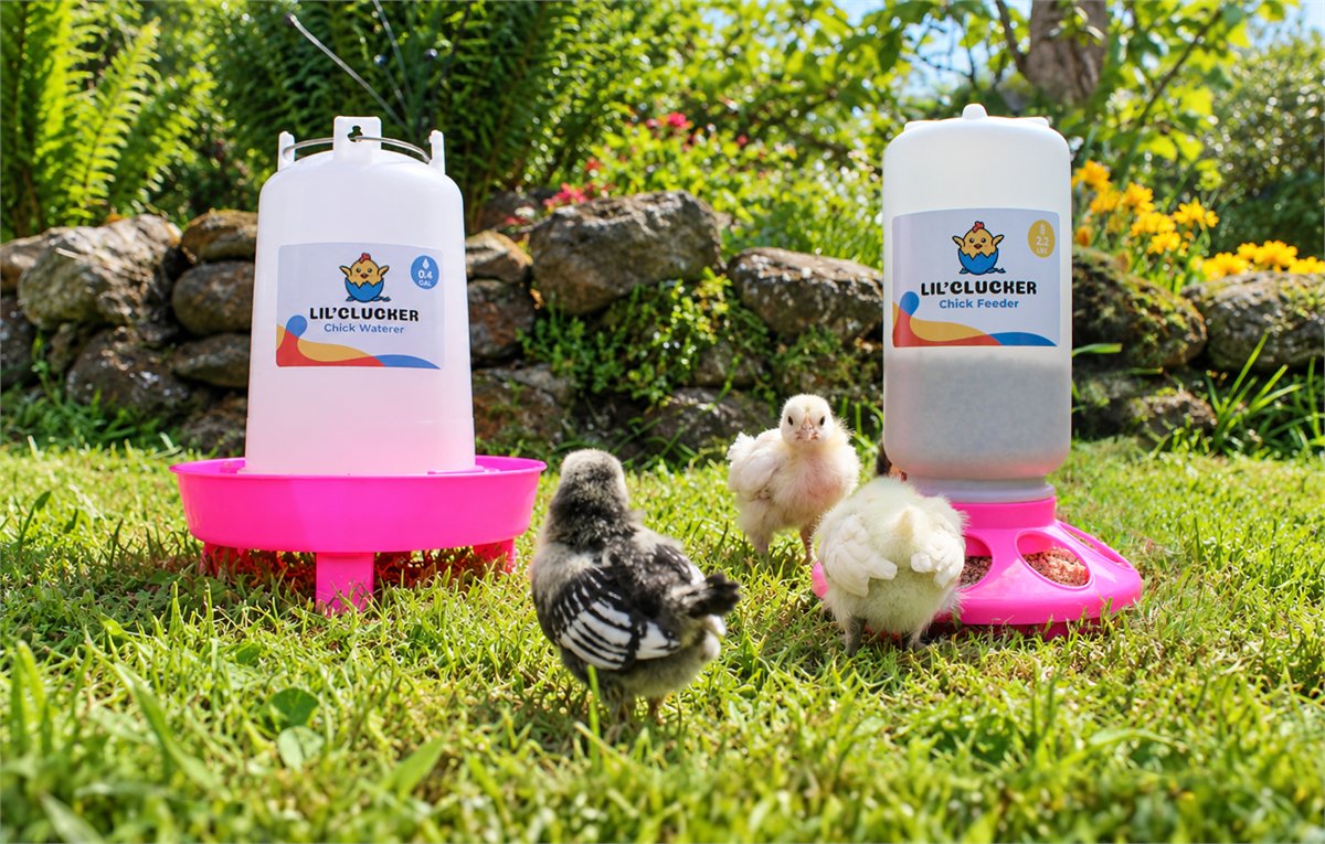 Three chicks at the pink Lil'Clucker chick waterer and feeder on the lawn