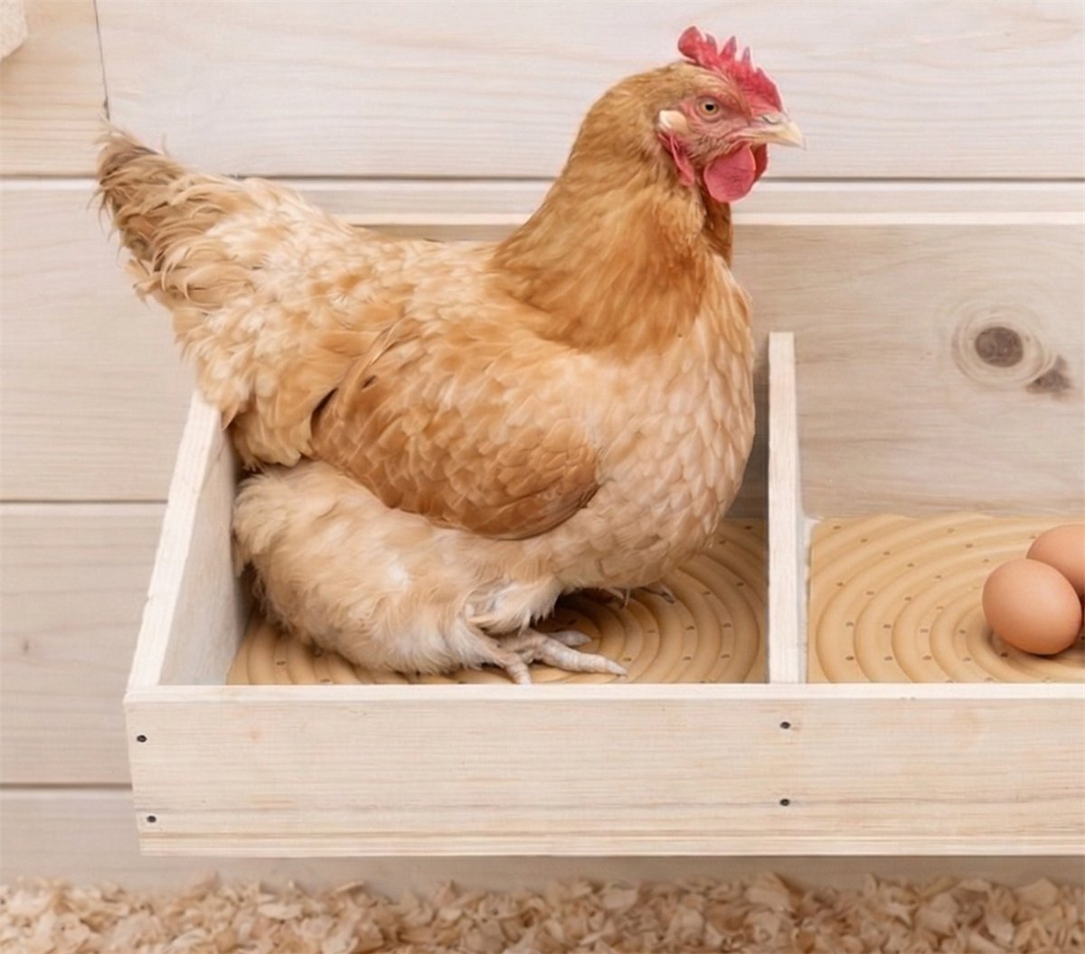 A hen sitting on a pad in a wooden nest box