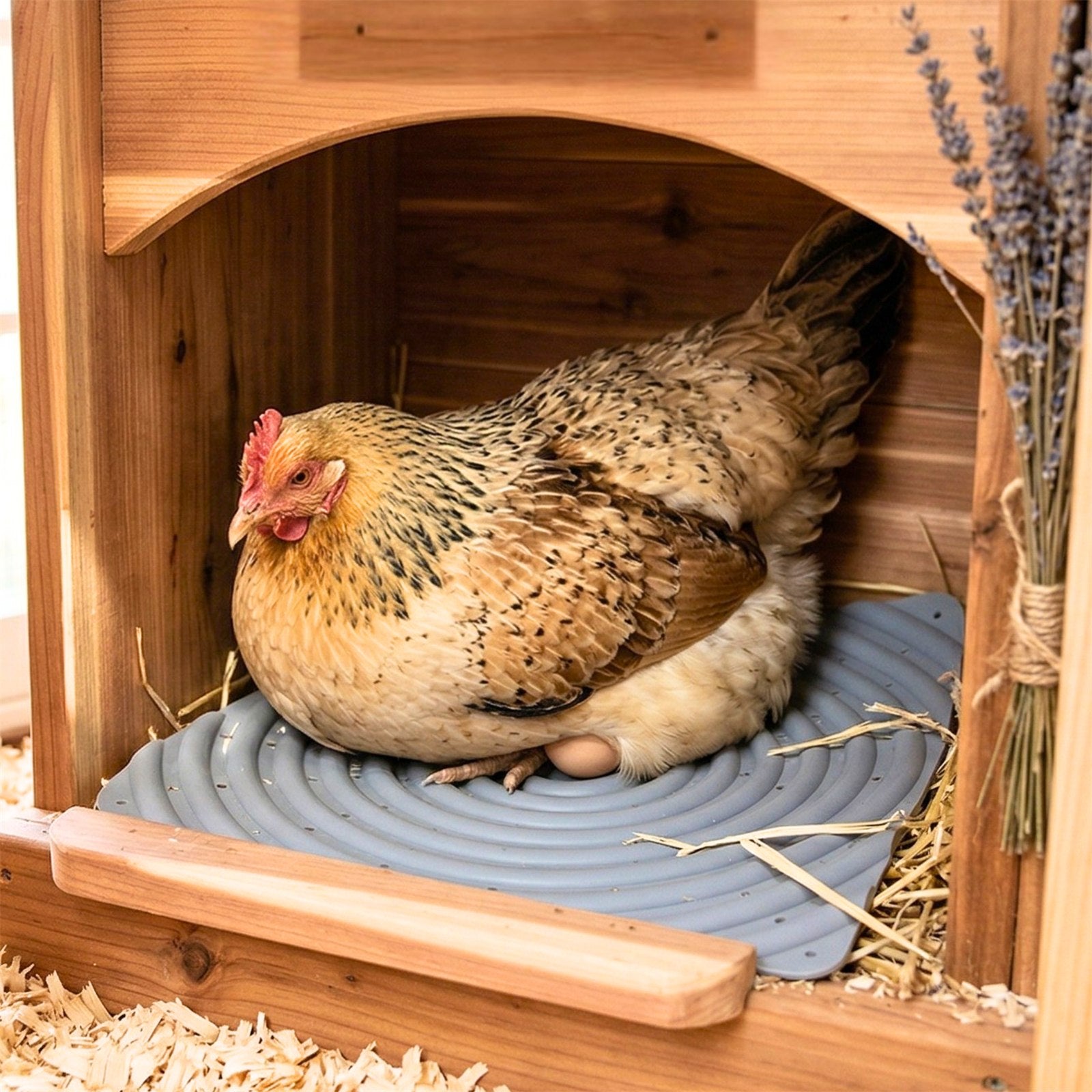 A hen sitting on a gray Lil'Clucker nesting pad in a wooden nest box, with an egg beneath her