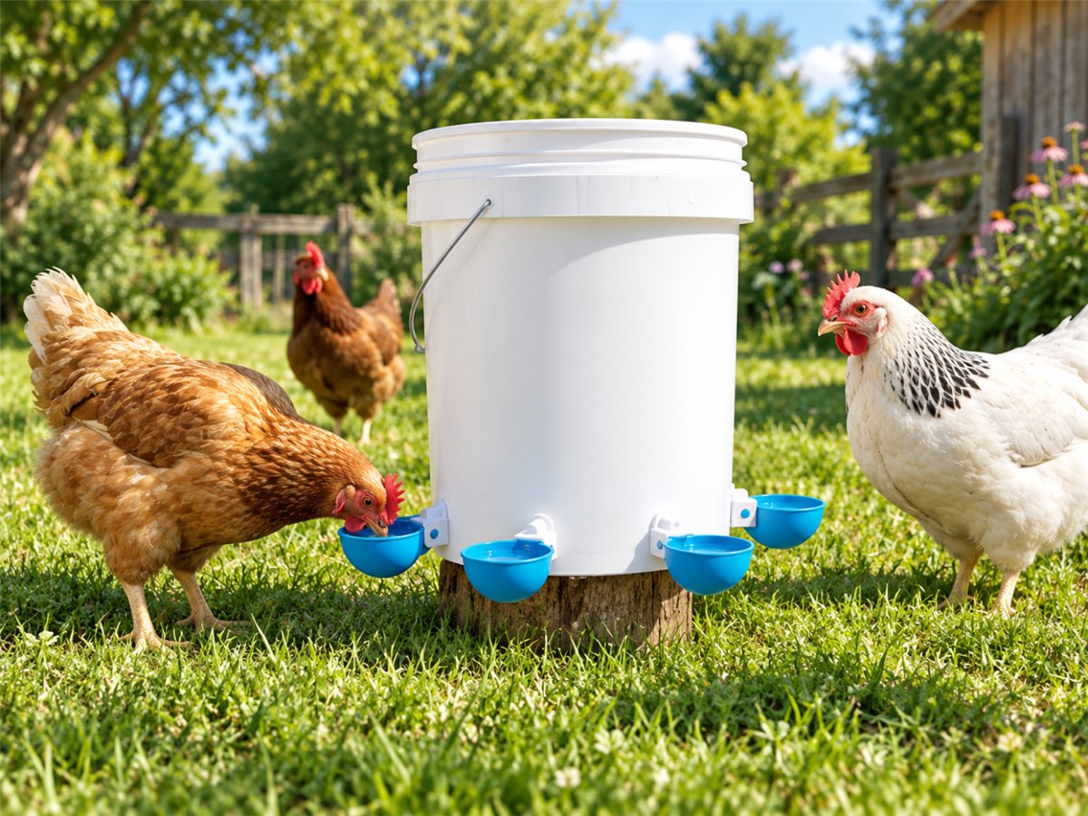 Hens at a bucket of full blue cups, one drinking