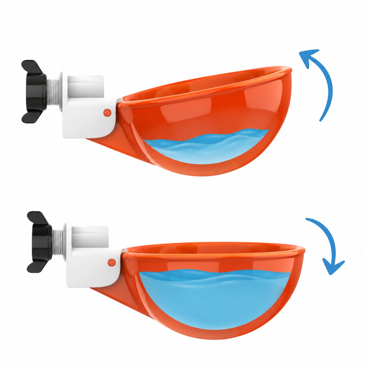 Two cutaway views showing the cup refilling as the water level drops and shutting the flow off again once full.