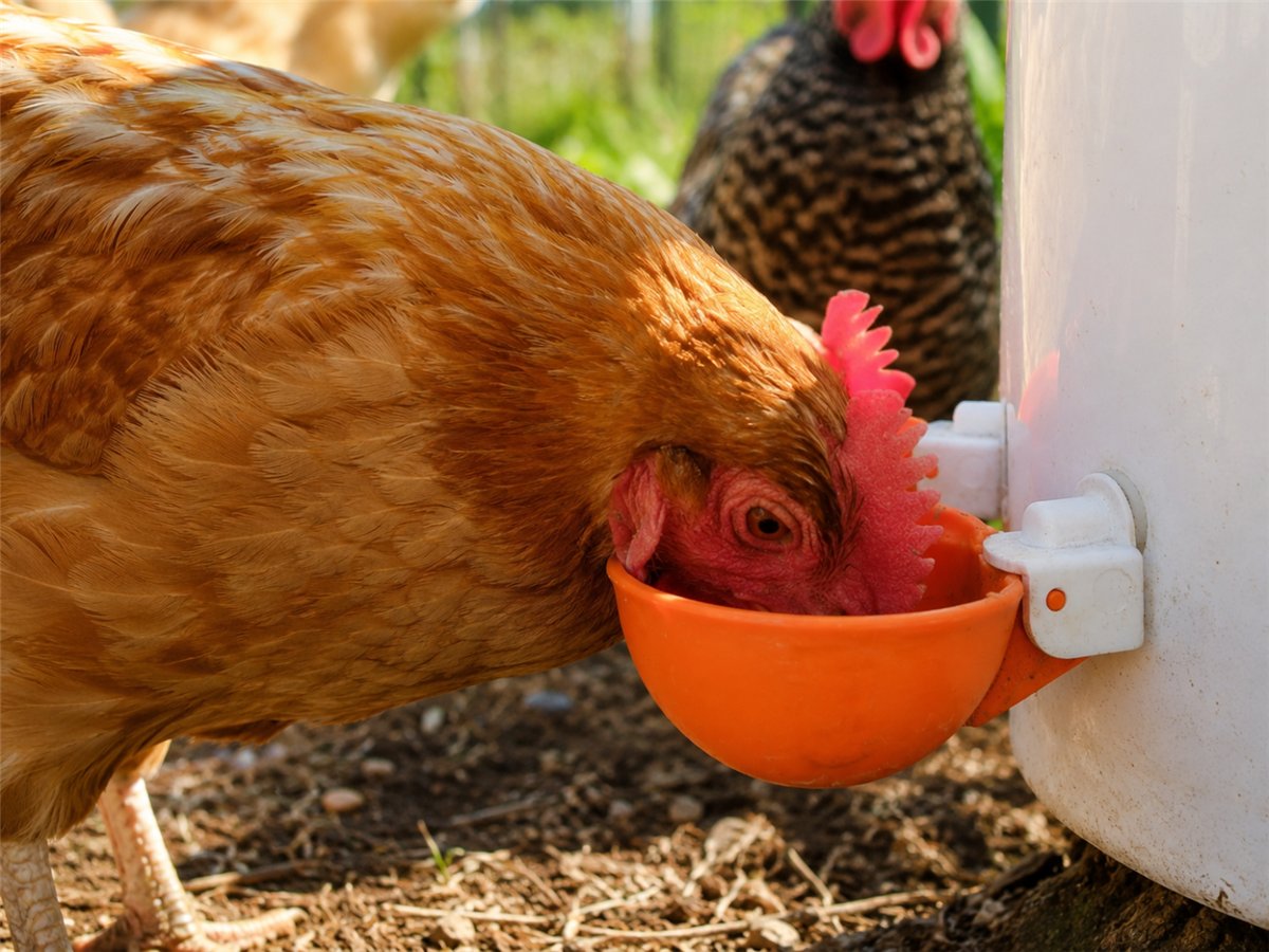 A hen drinking with her whole beak in the open 3 inch bowl